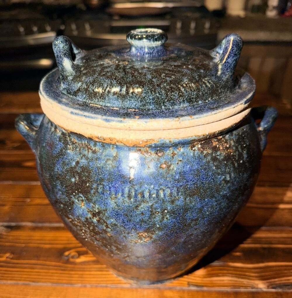 Vintage Studio Art Pottery Lidded Crock Jar - Cobalt Blue & Brown Drip Glaze